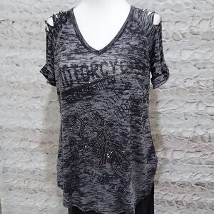 Vocal Graphic Moto Thrashed Short Sleeve Studded Tee, Womens Oversize S, Biker